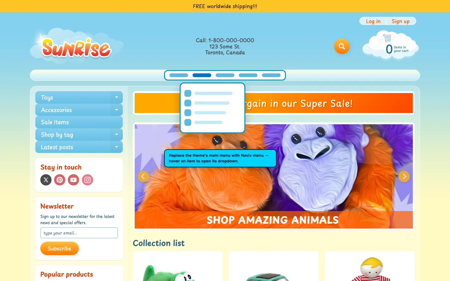 Navi+ Mega Menu replacing the desktop menu on the Sunrise Shopify theme Navi+ Mega Menu replacing the desktop menu on the Sunrise Shopify theme