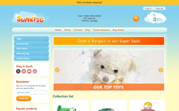 Full-page desktop screenshot of Shopify Sunrise theme demo store