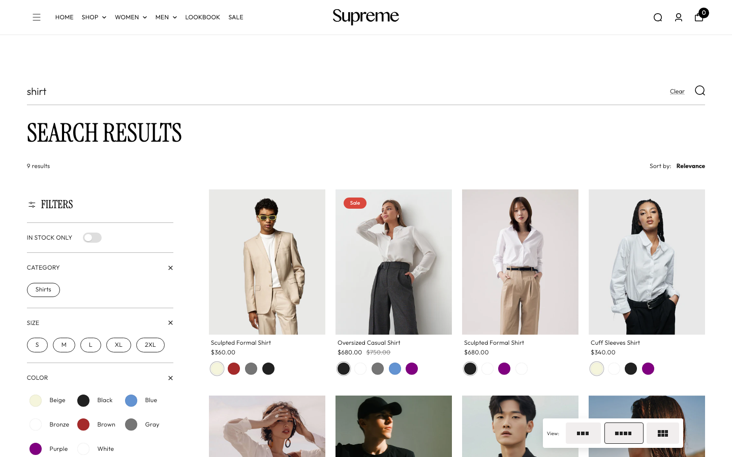 Search → panel opened — Navi+ on the Supreme Shopify theme