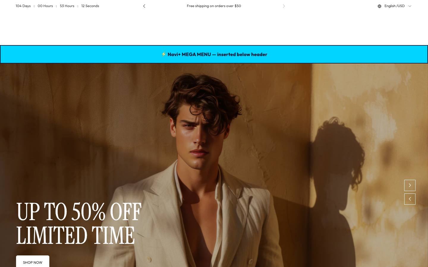 Menu inserted below header — Navi+ on the Supreme Shopify theme