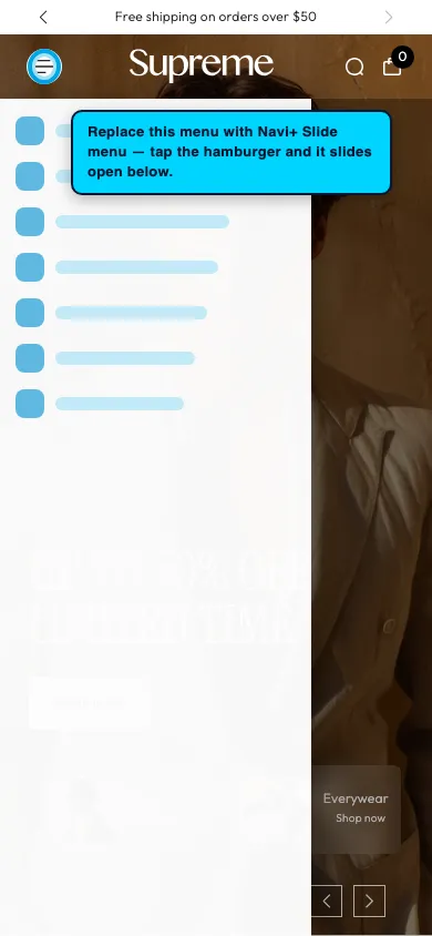 Navi+ Slide Menu on the Supreme Shopify theme Navi+ Slide Menu on the Supreme Shopify theme