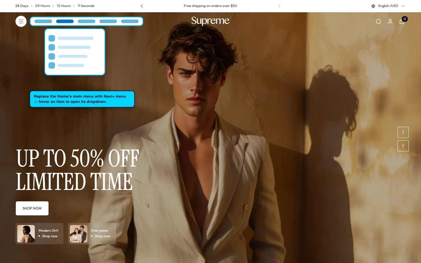 Navi+ Mega Menu replacing the desktop menu on the Supreme Shopify theme Navi+ Mega Menu replacing the desktop menu on the Supreme Shopify theme