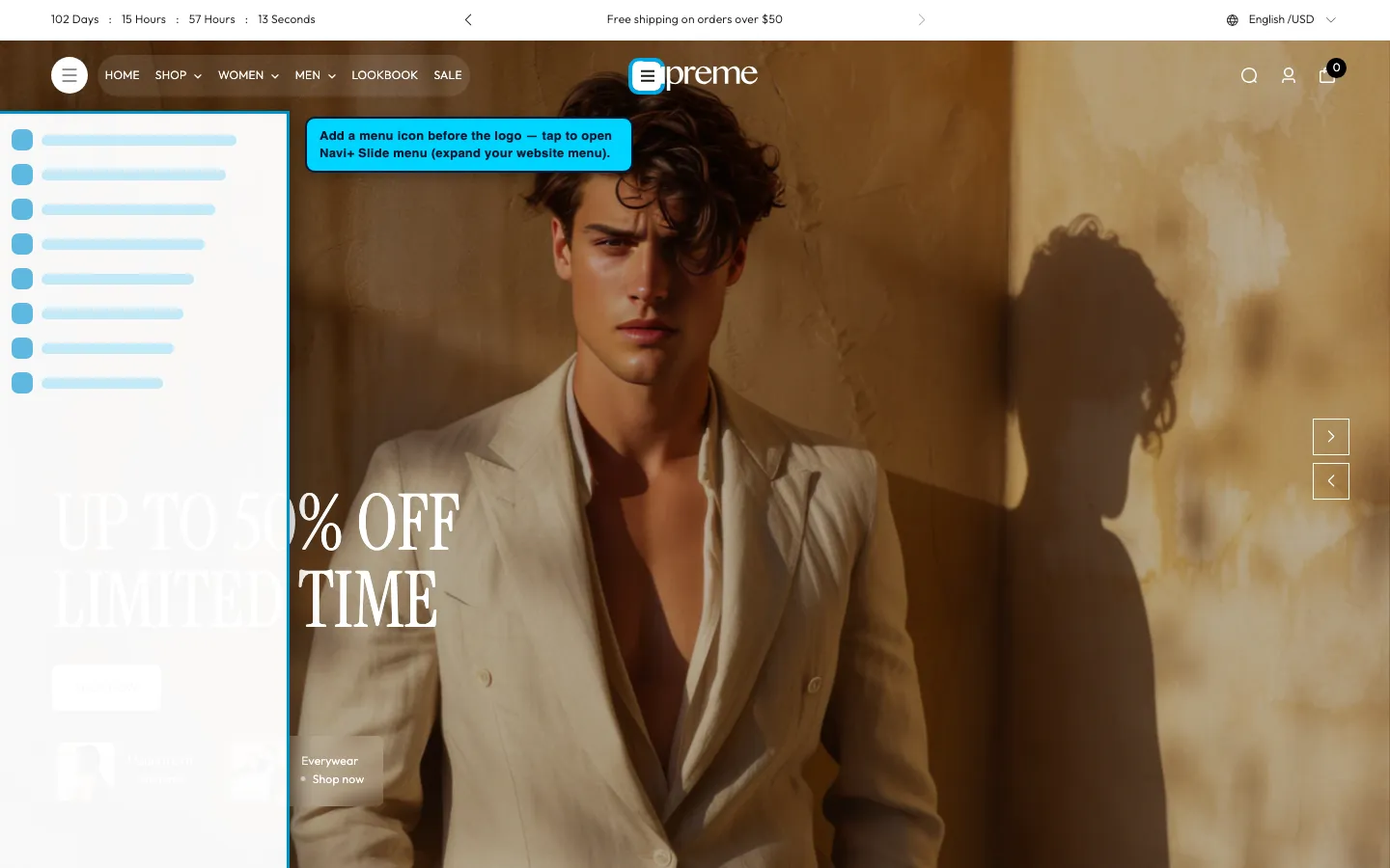 Navi+ trigger icon before the logo on the Supreme Shopify theme Navi+ trigger icon before the logo on the Supreme Shopify theme