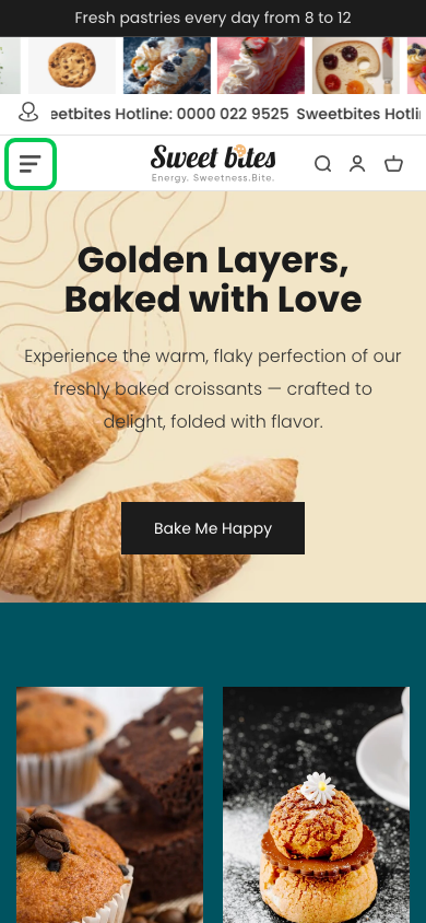 Hamburger → panel opened — Navi+ on the Sweet Shopify theme Hamburger → panel opened — Navi+ on the Sweet Shopify theme