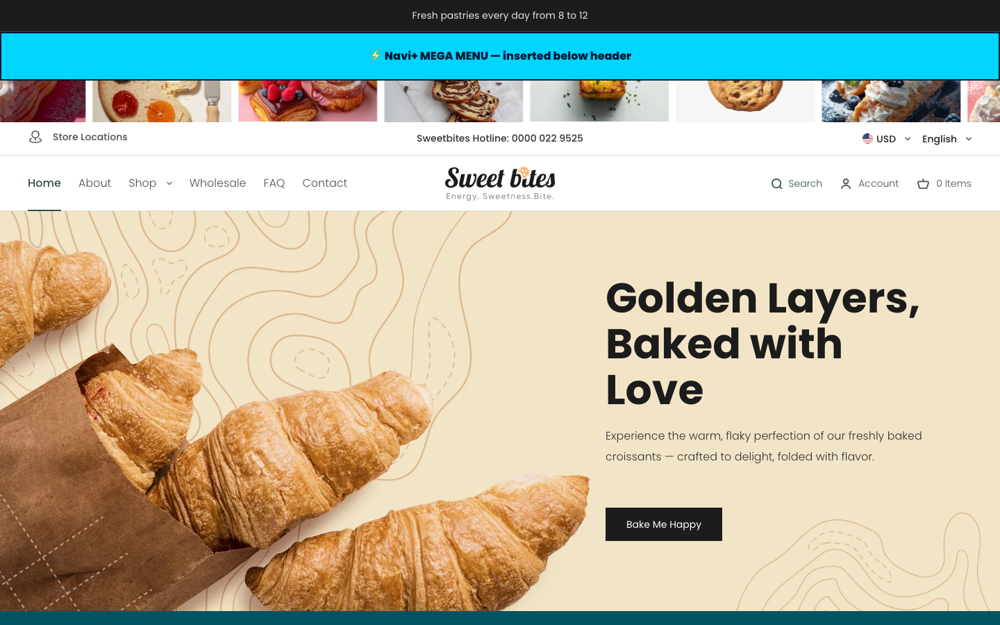Menu inserted below header — Navi+ on the Sweet Shopify theme Menu inserted below header — Navi+ on the Sweet Shopify theme