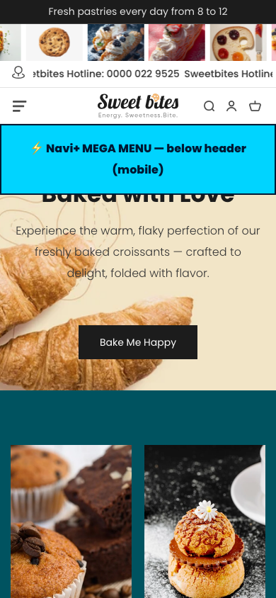 Menu inserted below header — Navi+ on the Sweet Shopify theme Menu inserted below header — Navi+ on the Sweet Shopify theme