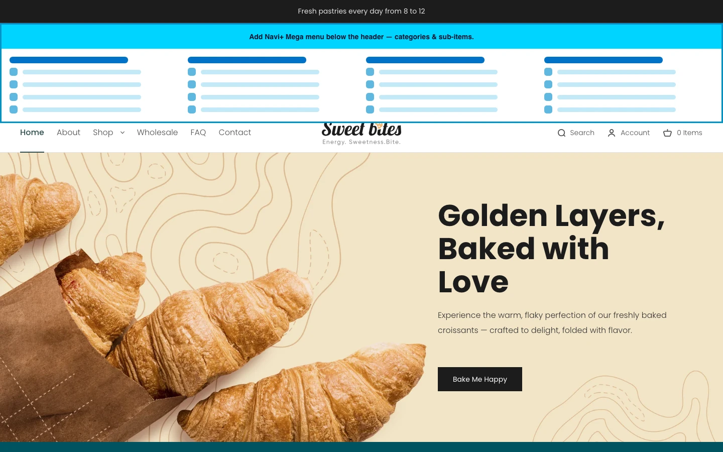Navi+ Mega Menu inserted below the header on the Sweet Shopify theme Navi+ Mega Menu inserted below the header on the Sweet Shopify theme