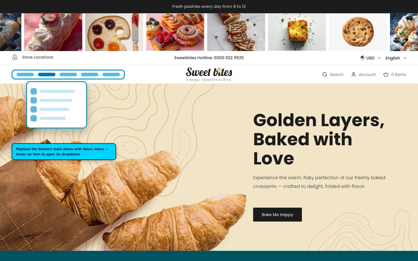 Navi+ Mega Menu replacing the desktop menu on the Sweet Shopify theme Navi+ Mega Menu replacing the desktop menu on the Sweet Shopify theme