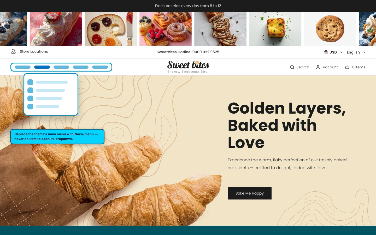Navi+ Mega Menu replacing the desktop menu on the Sweet Shopify theme Navi+ Mega Menu replacing the desktop menu on the Sweet Shopify theme