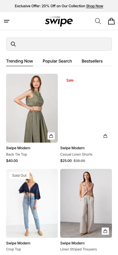 Search → panel opened — Navi+ on the Swipe Shopify theme Search → panel opened — Navi+ on the Swipe Shopify theme