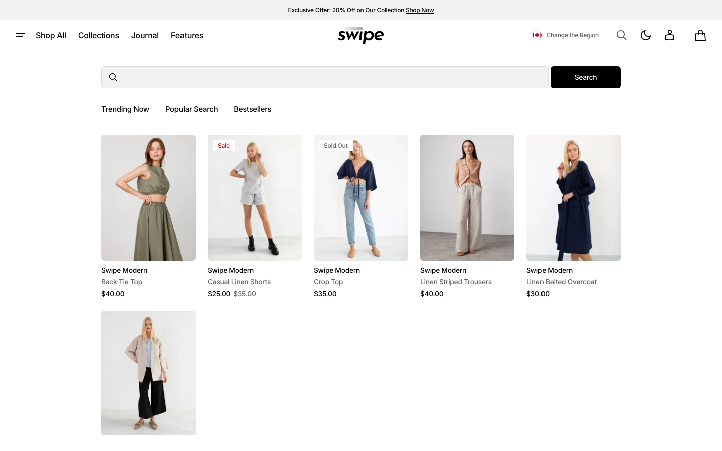 Search → panel opened — Navi+ on the Swipe Shopify theme Search → panel opened — Navi+ on the Swipe Shopify theme