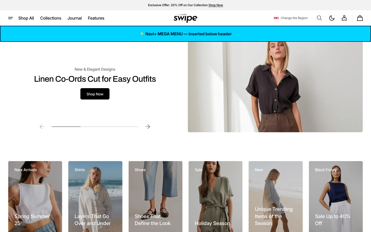 Menu inserted below header — Navi+ on the Swipe Shopify theme Menu inserted below header — Navi+ on the Swipe Shopify theme