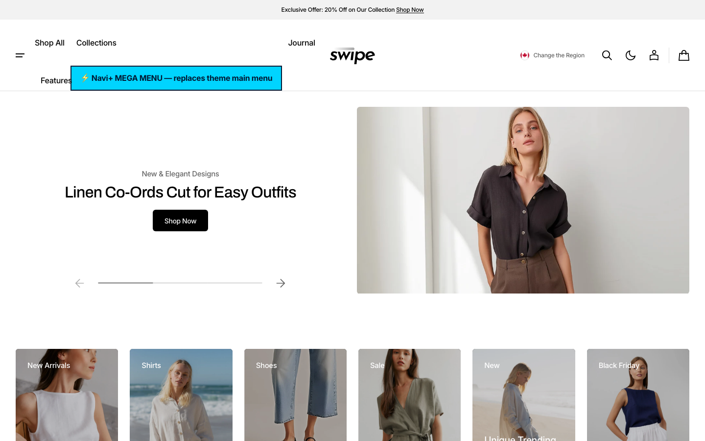 Replace main menu — Navi+ on the Swipe Shopify theme Replace main menu — Navi+ on the Swipe Shopify theme