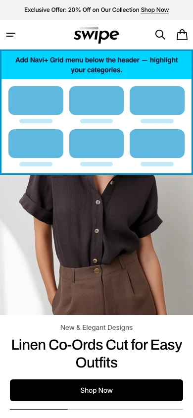 Navi+ Grid Menu on the Swipe Shopify theme Navi+ Grid Menu on the Swipe Shopify theme