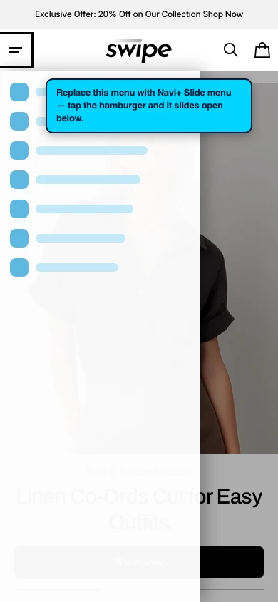 Navi+ Slide Menu on the Swipe Shopify theme Navi+ Slide Menu on the Swipe Shopify theme