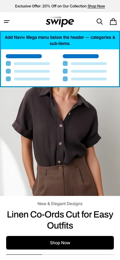 Navi+ mobile Mega Menu on the Swipe Shopify theme Navi+ mobile Mega Menu on the Swipe Shopify theme