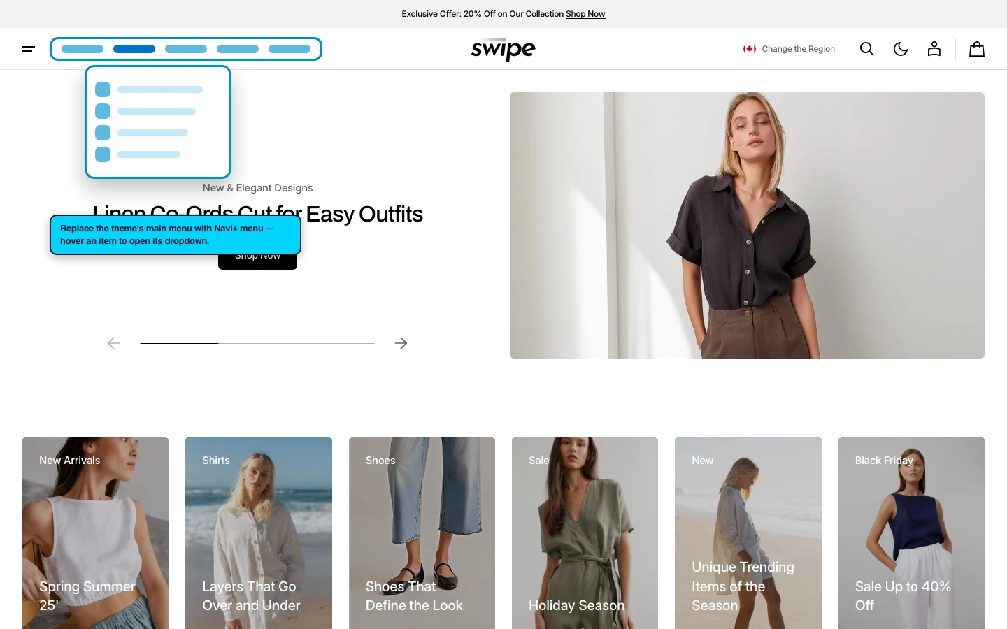 Navi+ Mega Menu replacing the desktop menu on the Swipe Shopify theme Navi+ Mega Menu replacing the desktop menu on the Swipe Shopify theme