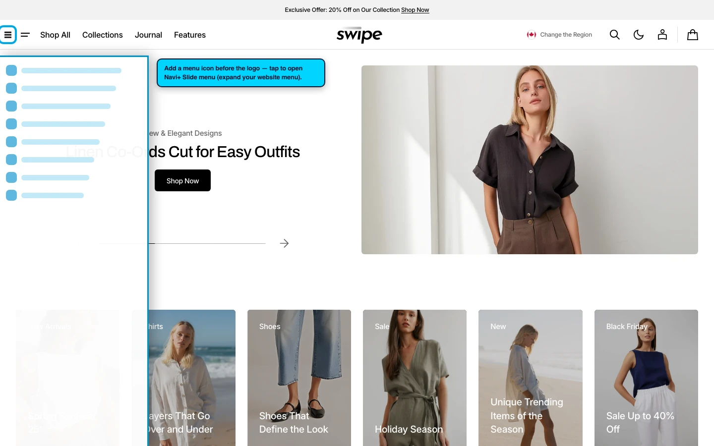 Navi+ trigger icon before the logo on the Swipe Shopify theme Navi+ trigger icon before the logo on the Swipe Shopify theme