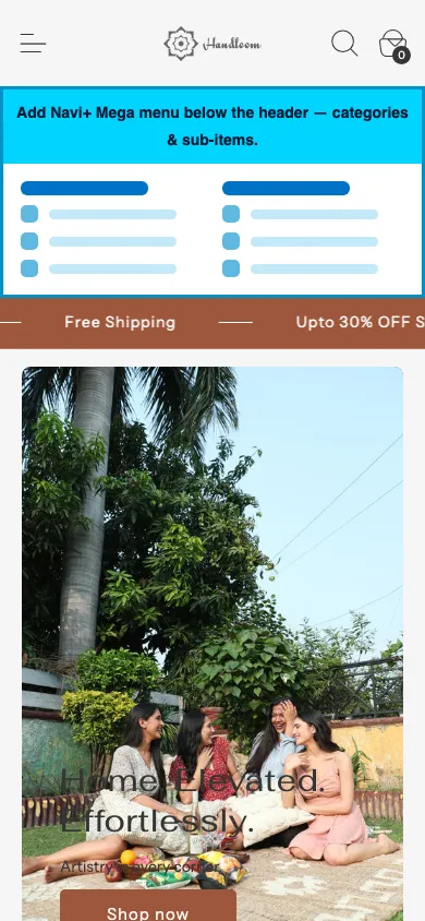 Navi+ mobile Mega Menu on the Swiss Shopify theme Navi+ mobile Mega Menu on the Swiss Shopify theme