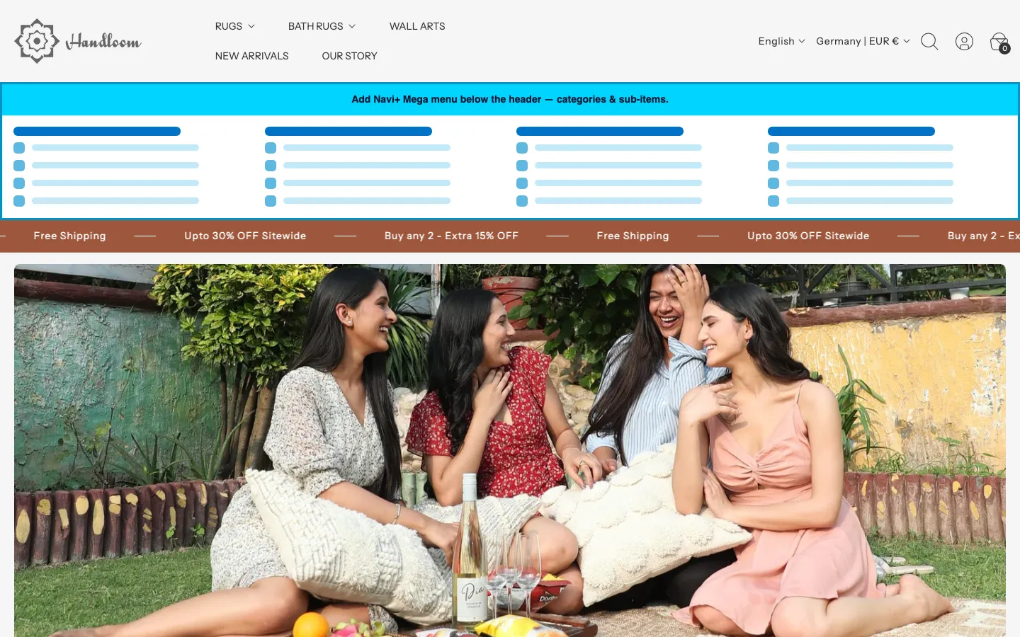 Navi+ Mega Menu inserted below the header on the Swiss Shopify theme Navi+ Mega Menu inserted below the header on the Swiss Shopify theme