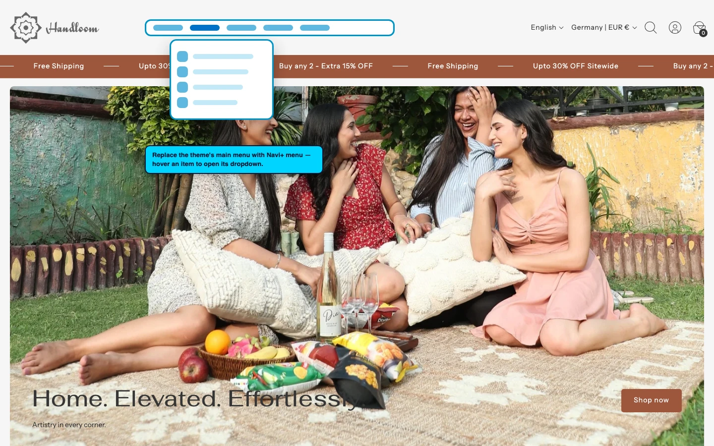 Navi+ Mega Menu replacing the desktop menu on the Swiss Shopify theme Navi+ Mega Menu replacing the desktop menu on the Swiss Shopify theme