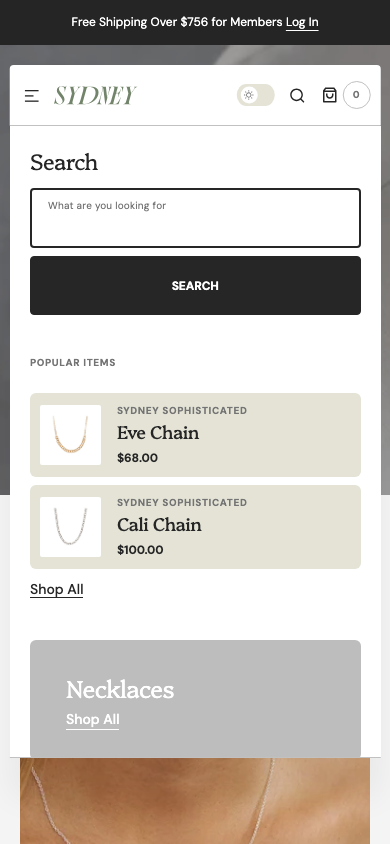 Search → panel opened — Navi+ on the Sydney Shopify theme Search → panel opened — Navi+ on the Sydney Shopify theme