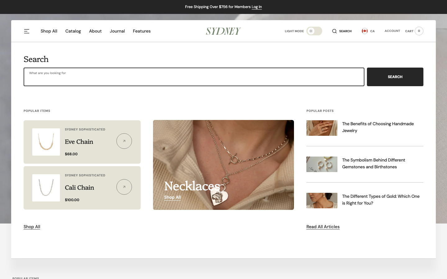 Search → panel opened — Navi+ on the Sydney Shopify theme Search → panel opened — Navi+ on the Sydney Shopify theme