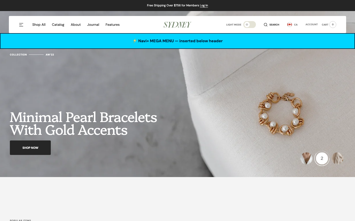 Menu inserted below header — Navi+ on the Sydney Shopify theme Menu inserted below header — Navi+ on the Sydney Shopify theme