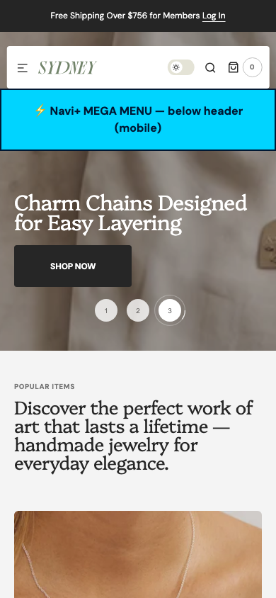 Menu inserted below header — Navi+ on the Sydney Shopify theme Menu inserted below header — Navi+ on the Sydney Shopify theme
