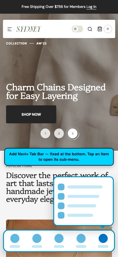 Navi+ Tab Bar on the Sydney Shopify theme Navi+ Tab Bar on the Sydney Shopify theme