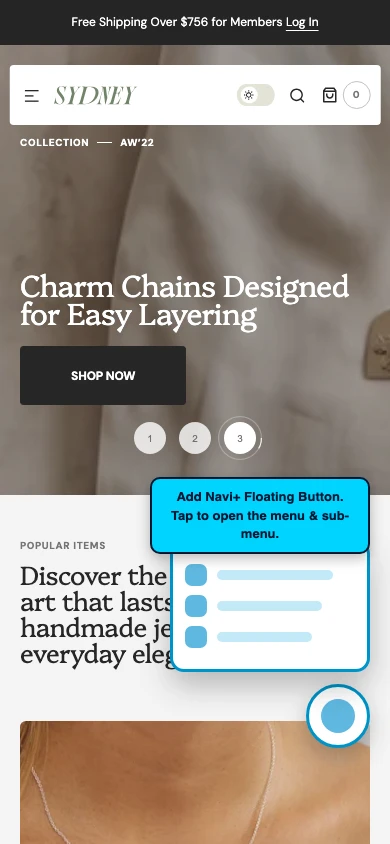 Navi+ FAB on the Sydney Shopify theme Navi+ FAB on the Sydney Shopify theme