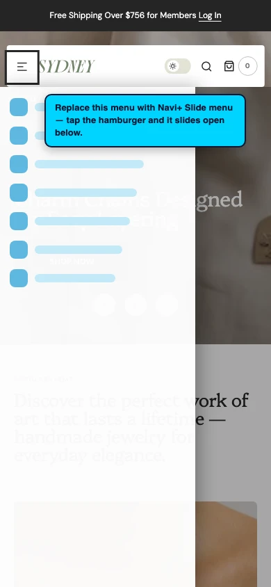 Navi+ Slide Menu on the Sydney Shopify theme Navi+ Slide Menu on the Sydney Shopify theme