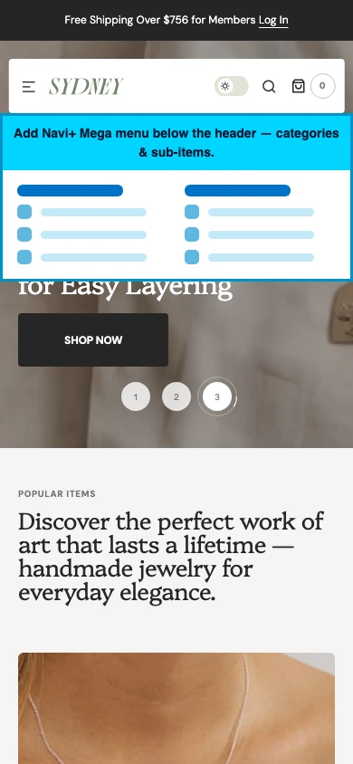 Navi+ mobile Mega Menu on the Sydney Shopify theme Navi+ mobile Mega Menu on the Sydney Shopify theme
