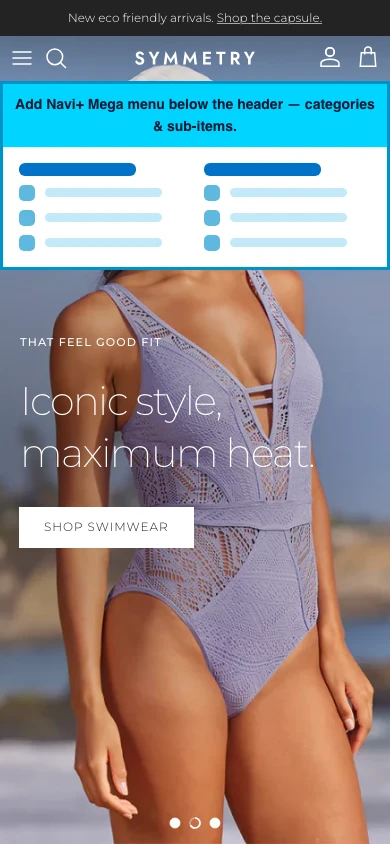 Navi+ mobile Mega Menu on the Symmetry Shopify theme Navi+ mobile Mega Menu on the Symmetry Shopify theme