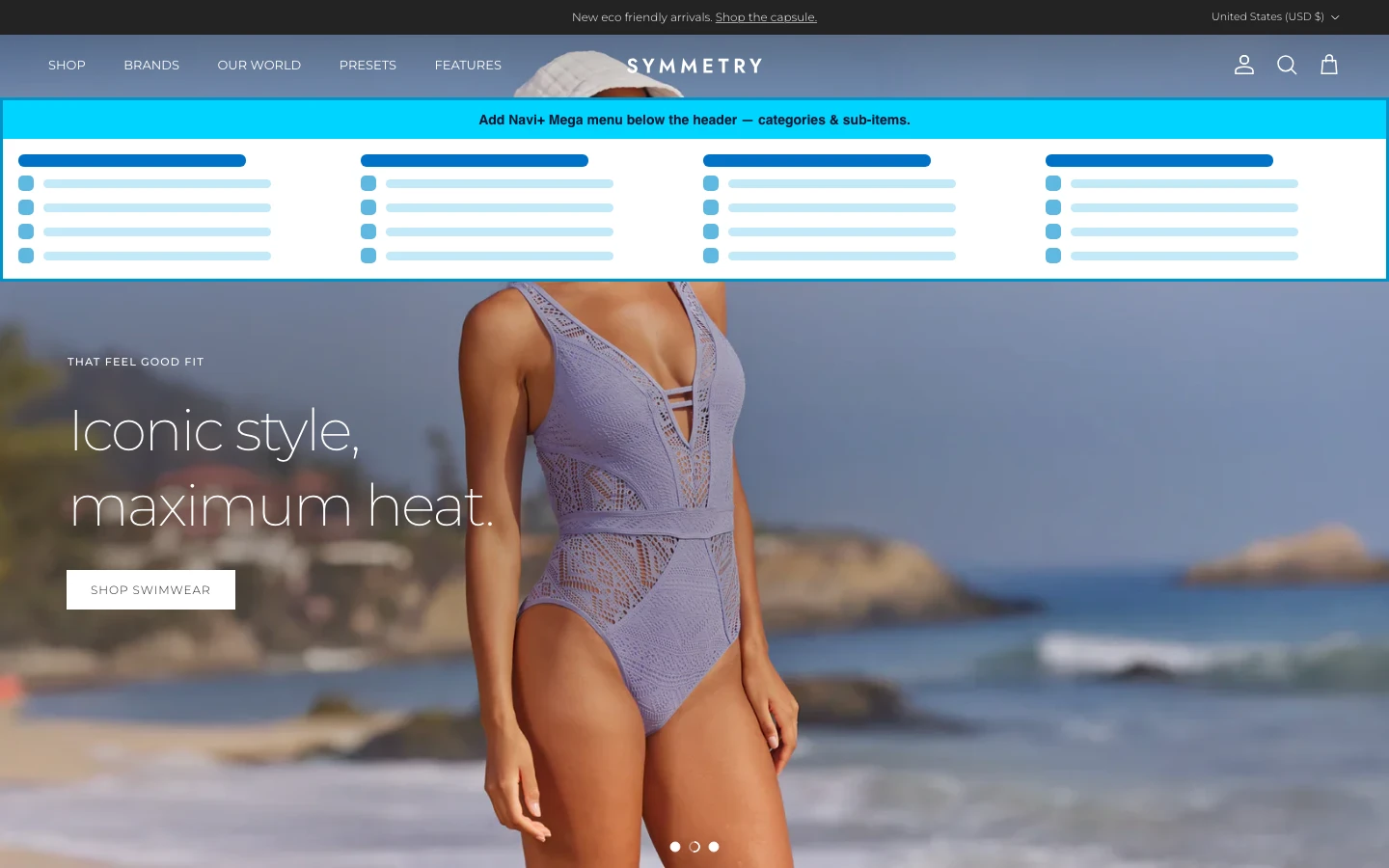 Navi+ Mega Menu inserted below the header on the Symmetry Shopify theme Navi+ Mega Menu inserted below the header on the Symmetry Shopify theme