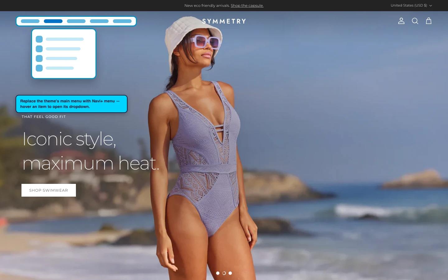 Navi+ Mega Menu replacing the desktop menu on the Symmetry Shopify theme