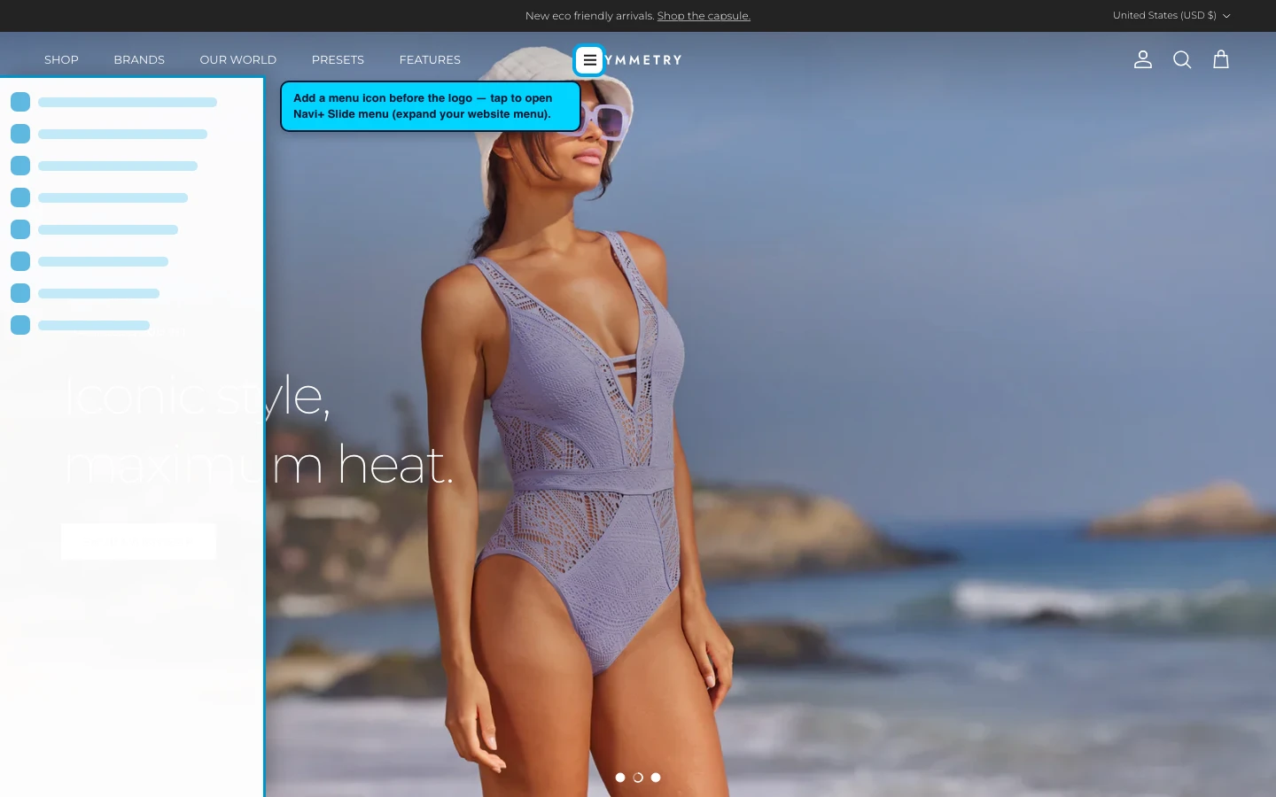 Navi+ trigger icon before the logo on the Symmetry Shopify theme Navi+ trigger icon before the logo on the Symmetry Shopify theme