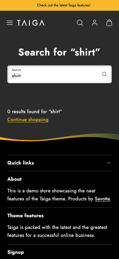 Search → panel opened — Navi+ on the Taiga Shopify theme