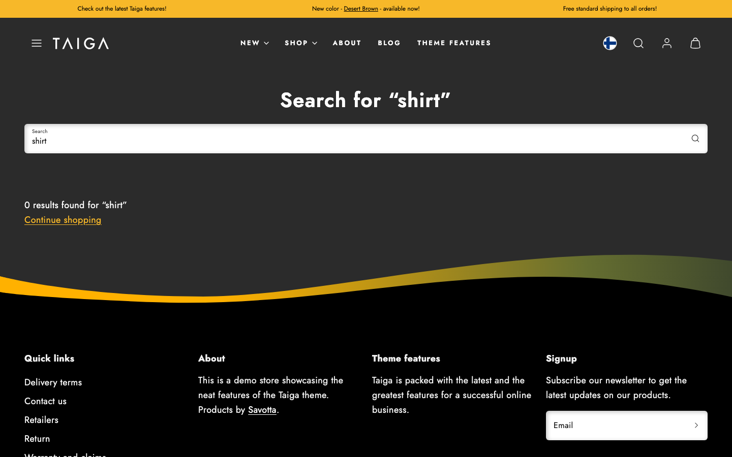 Search → panel opened — Navi+ on the Taiga Shopify theme