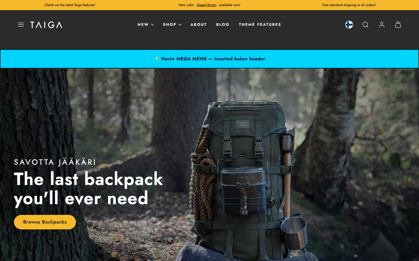 Menu inserted below header — Navi+ on the Taiga Shopify theme