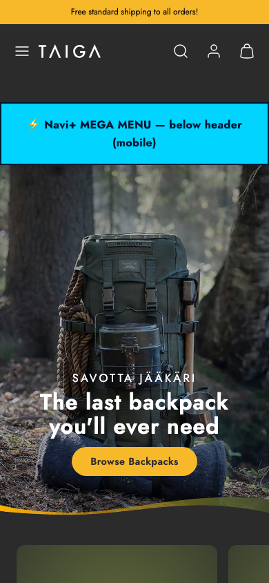 Menu inserted below header — Navi+ on the Taiga Shopify theme