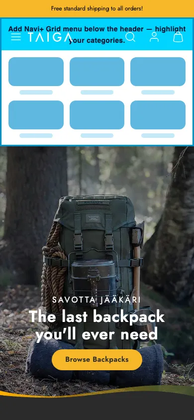 Navi+ Grid Menu on the Taiga Shopify theme Navi+ Grid Menu on the Taiga Shopify theme