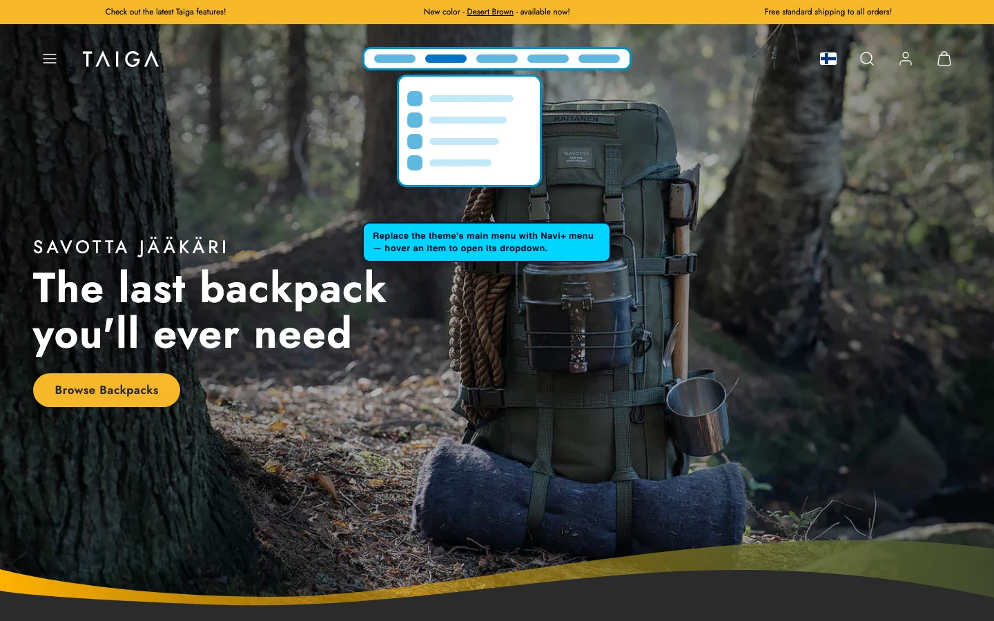 Navi+ Mega Menu replacing the desktop menu on the Taiga Shopify theme Navi+ Mega Menu replacing the desktop menu on the Taiga Shopify theme