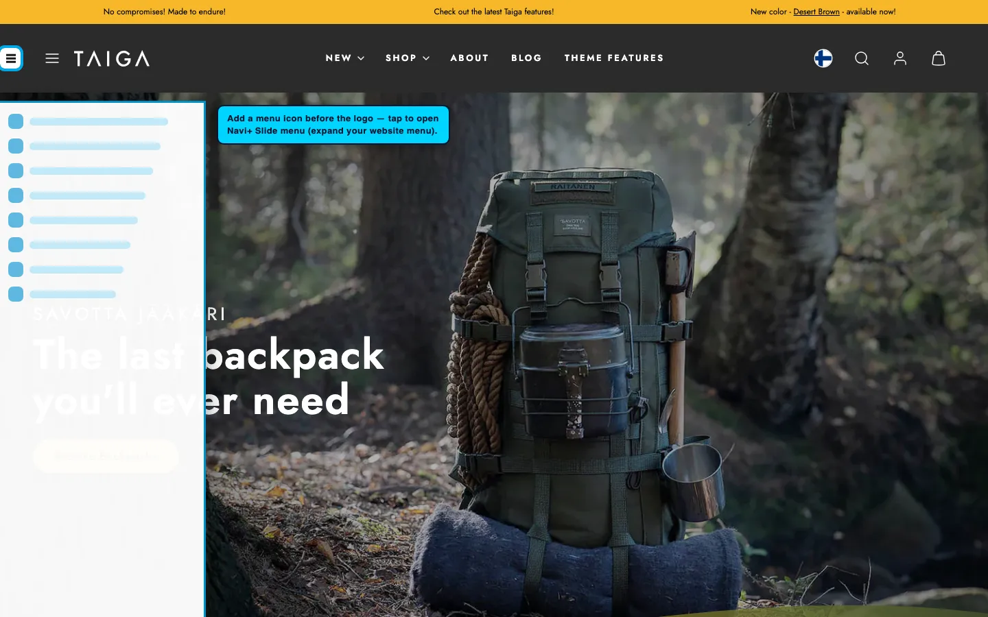 Navi+ trigger icon before the logo on the Taiga Shopify theme