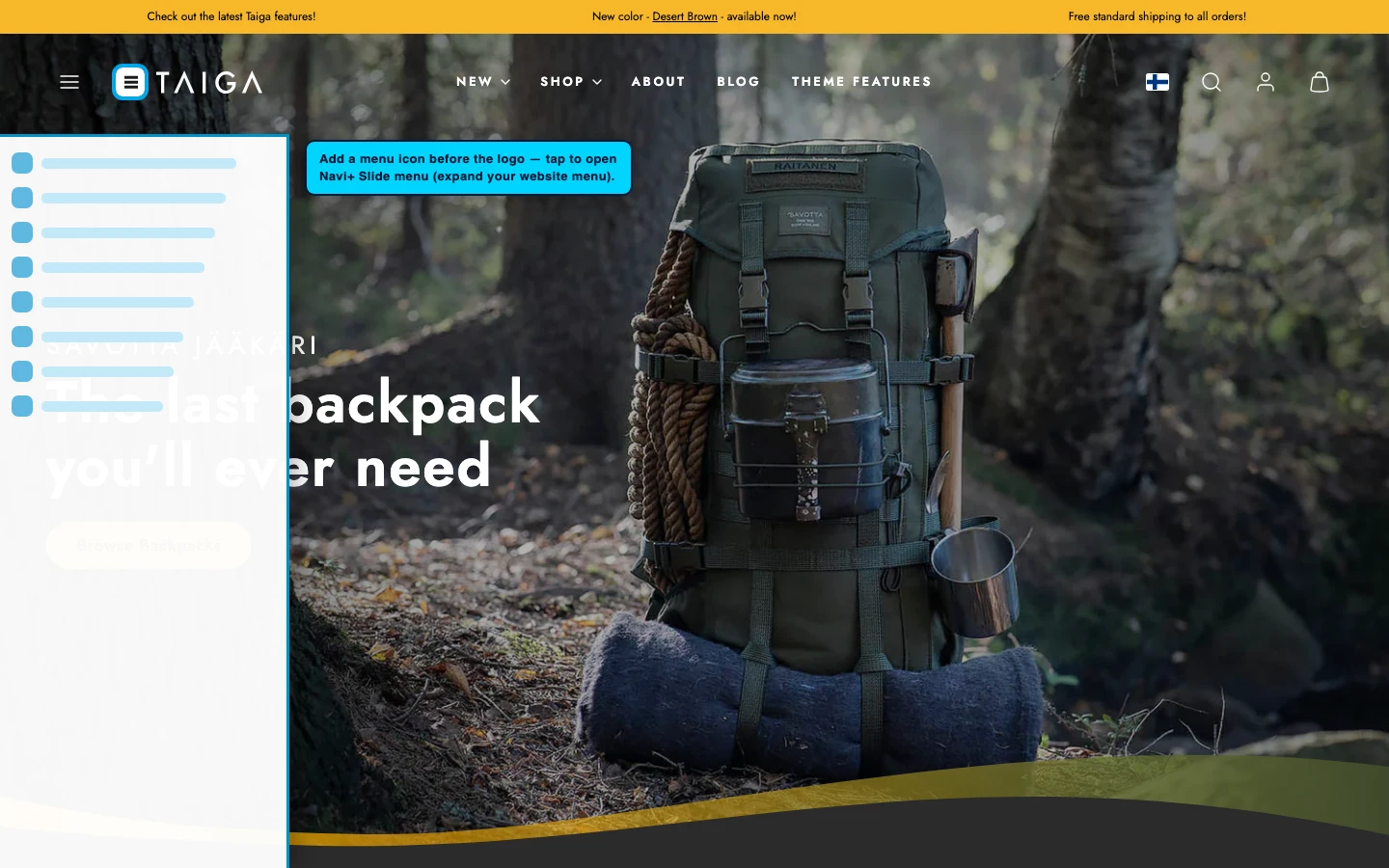 Navi+ trigger icon before the logo on the Taiga Shopify theme Navi+ trigger icon before the logo on the Taiga Shopify theme