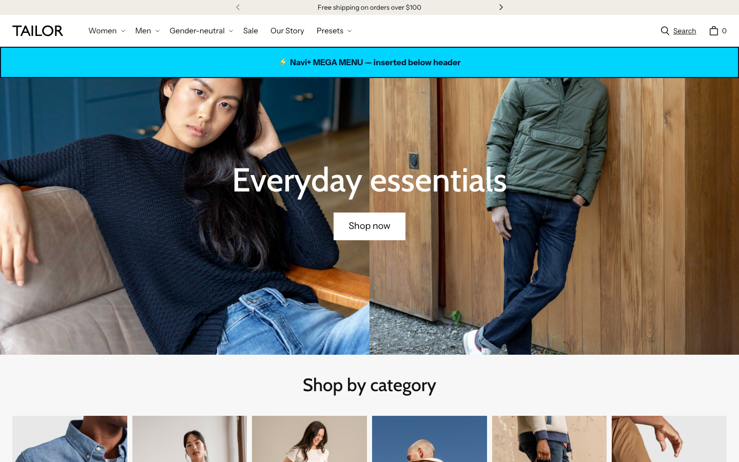 Menu inserted below header — Navi+ on the Tailor Shopify theme Menu inserted below header — Navi+ on the Tailor Shopify theme