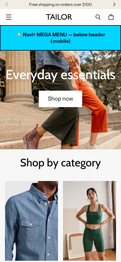 Menu inserted below header — Navi+ on the Tailor Shopify theme Menu inserted below header — Navi+ on the Tailor Shopify theme