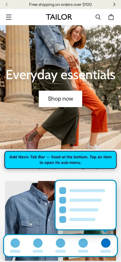 Navi+ Tab Bar on the Tailor Shopify theme Navi+ Tab Bar on the Tailor Shopify theme