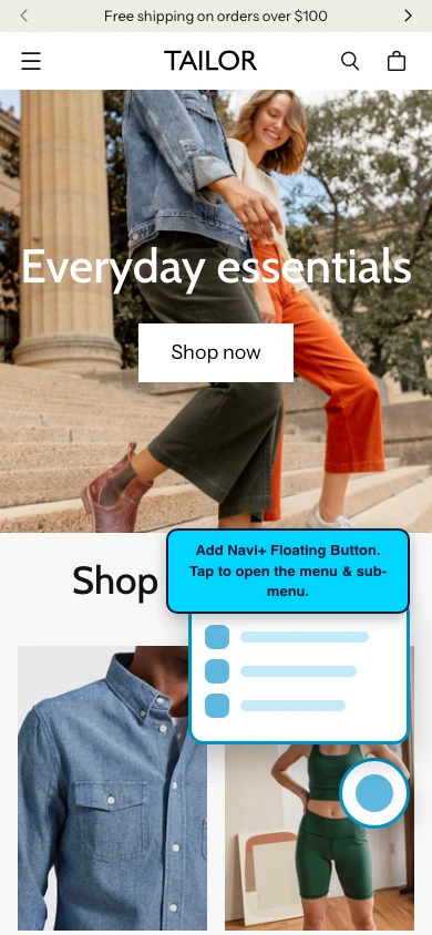 Navi+ FAB on the Tailor Shopify theme Navi+ FAB on the Tailor Shopify theme