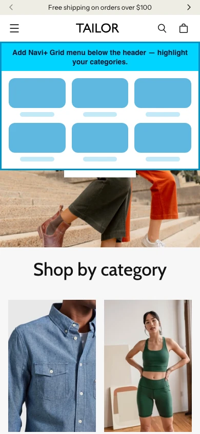 Navi+ Grid Menu on the Tailor Shopify theme Navi+ Grid Menu on the Tailor Shopify theme